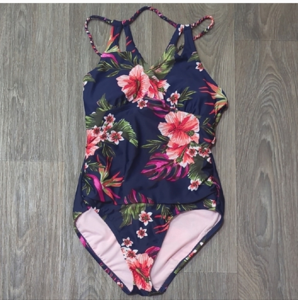 Like New Kona Sol Kids One Piece Floral Swimwear - Navy and Pink - Picture 8 of 9
